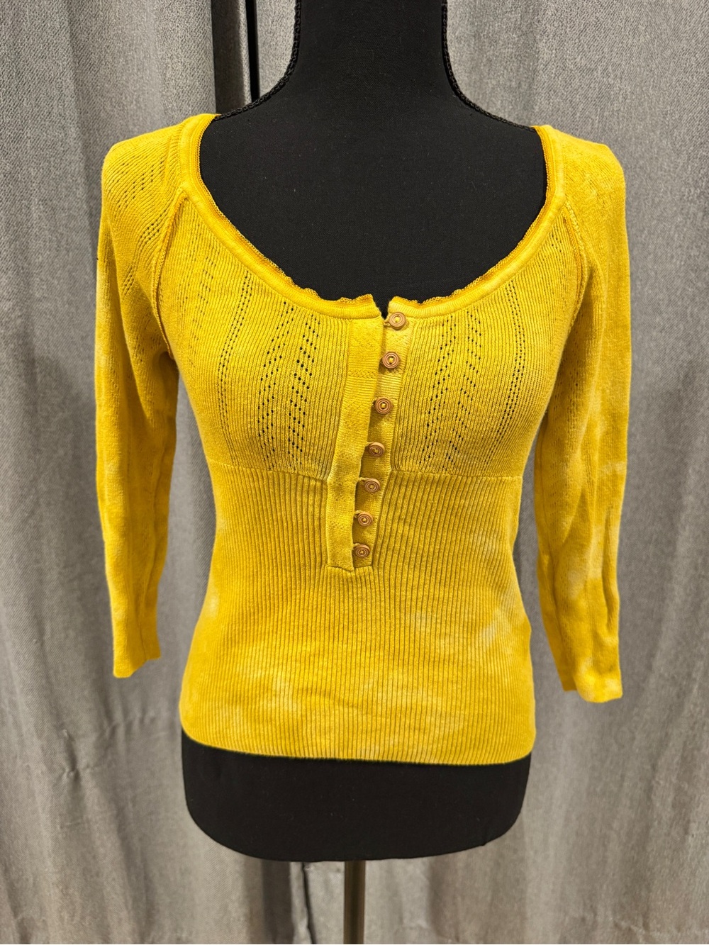 Free People Yellow Ribbed Scoop-Neck Henley Top